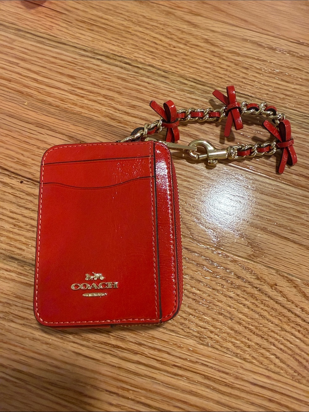 Coach Red Patent Leather ID Card Holder with Gold Chain and Bow Accents new
